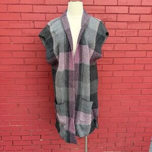 Chaps Open Front Knit Cardigan Vest Womens Large Sleeveless Duster Plaid Pockets
